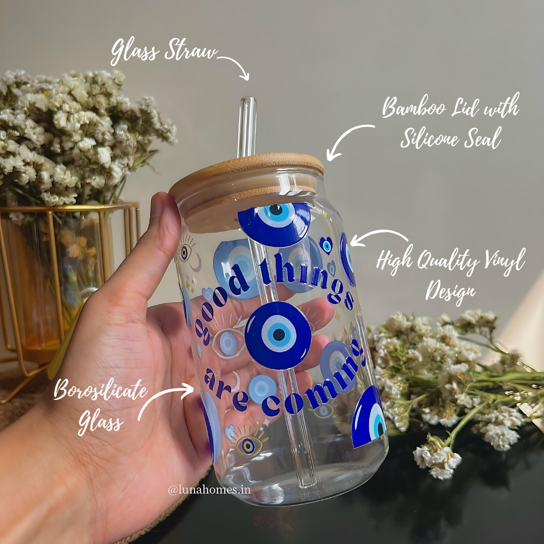 Glass Can Sipper with Lid and Glass Straw |540ml| Evil eye Good things are coming