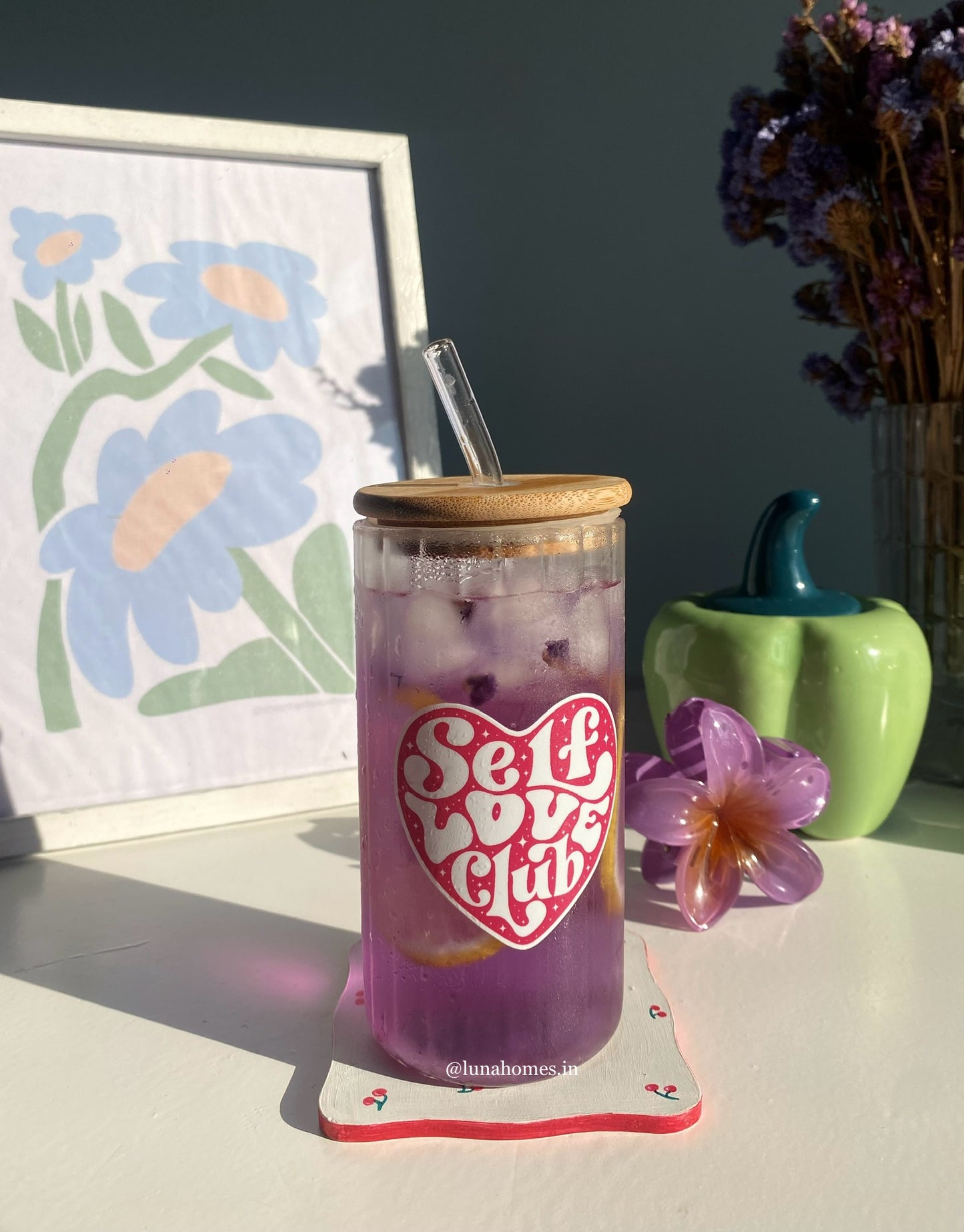 Ripple Glass Sipper |Self Love Club| With Lid and Glass Straw| 420ml