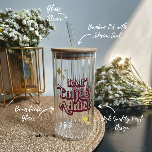 Ripple Glass Sipper |Iced Coffee Addict| With Lid and Glass Straw| 420ml