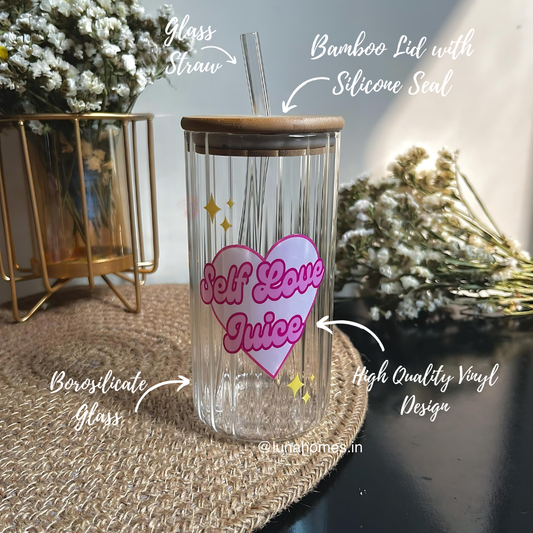 Ripple Glass Sipper |Self Love Juice| With Lid and Glass Straw| 420ml