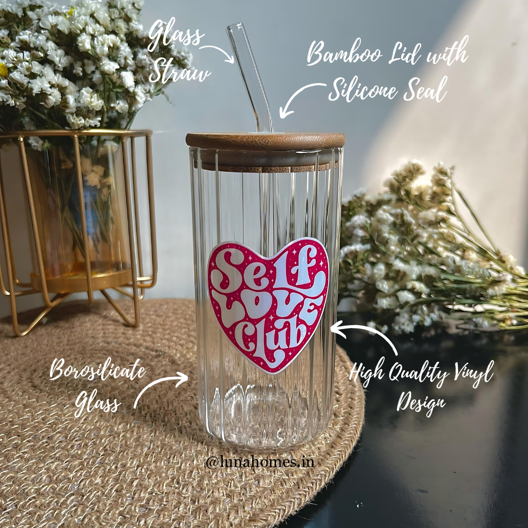 Ripple Glass Sipper |Self Love Club| With Lid and Glass Straw| 420ml