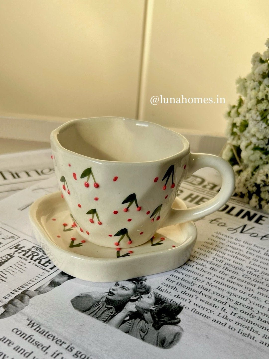 Cherry Bliss Ceramic Cup and Saucer Set