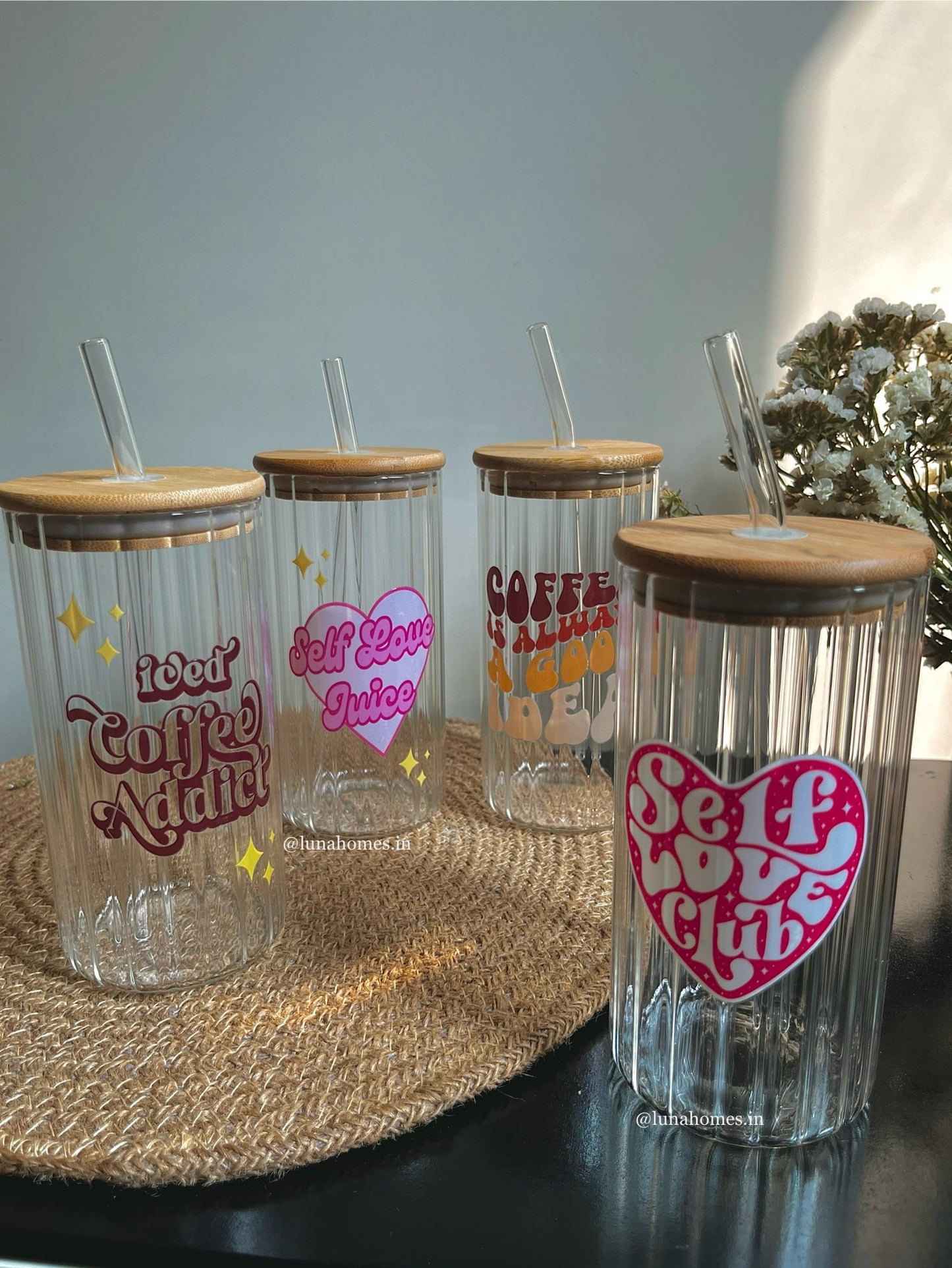 Ripple Glass Sipper |Self Love Club| With Lid and Glass Straw| 420ml