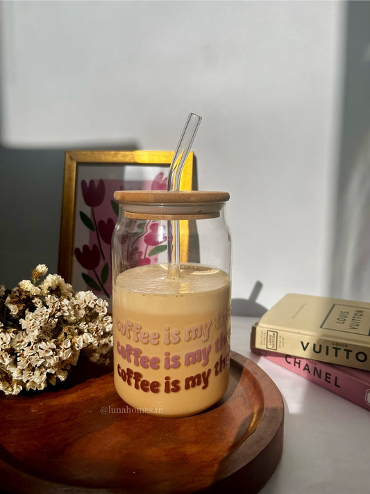 Glass Can Sipper with Lid and Glass Straw |540ml| Coffee is my therapy