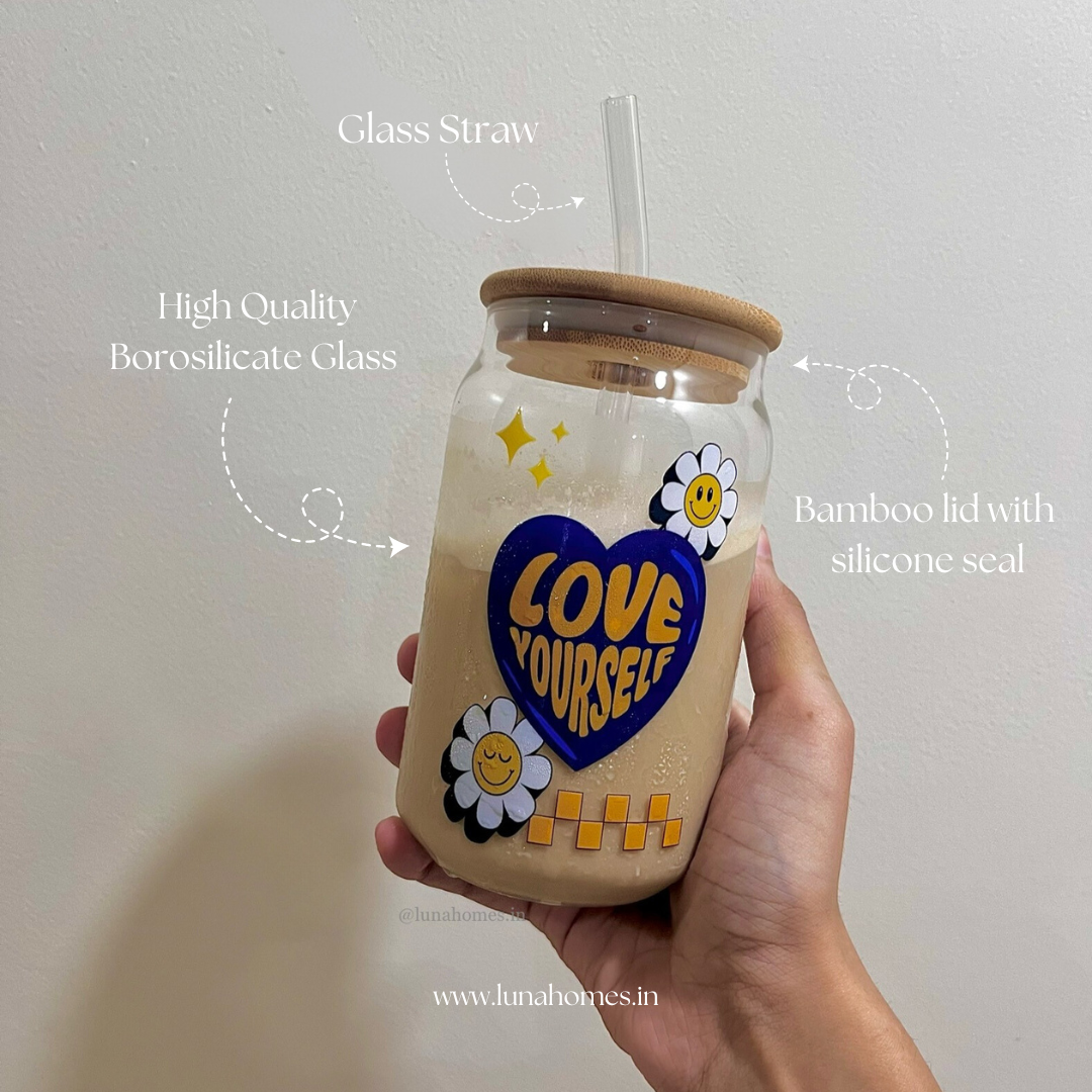 Glass Can Sipper with Lid and Glass Straw |540ml|Love Yourself