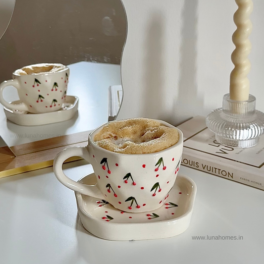 Cherry Bliss Ceramic Cup and Saucer Set